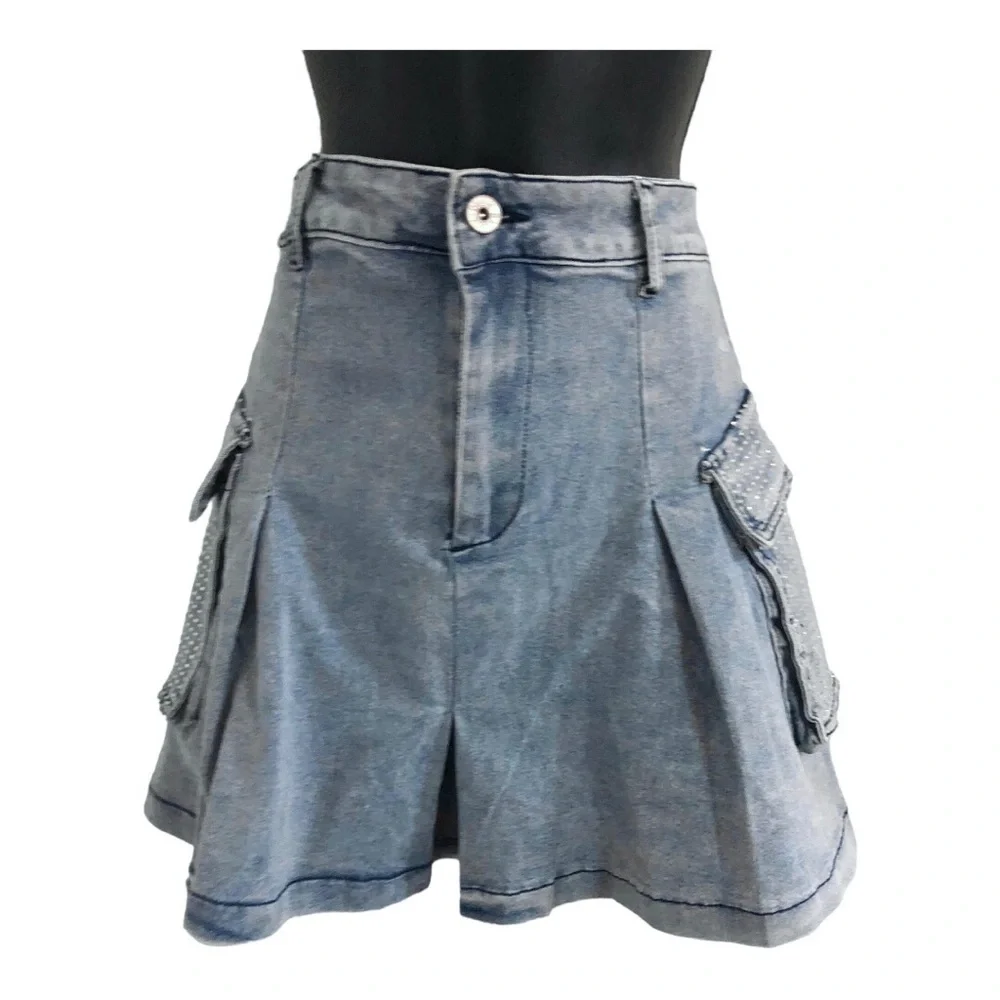 A-line crystal embellished rhinestone utility cargo style mini denim jeans skirt